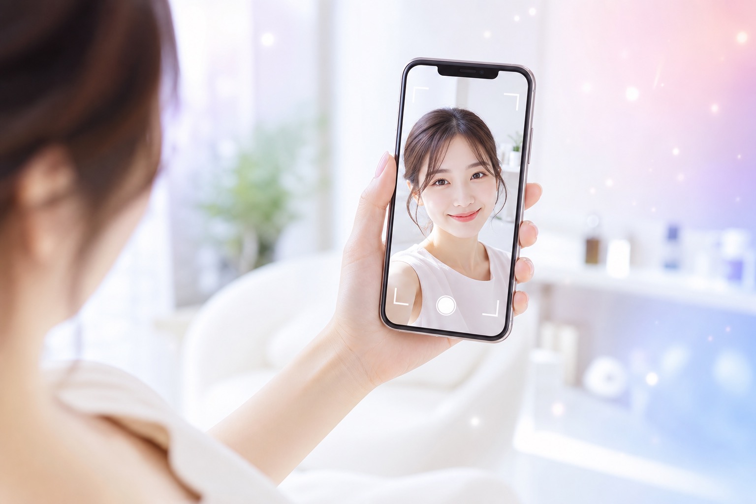 スマートフォンで写真を1枚撮って肌の状態をチェックする女性