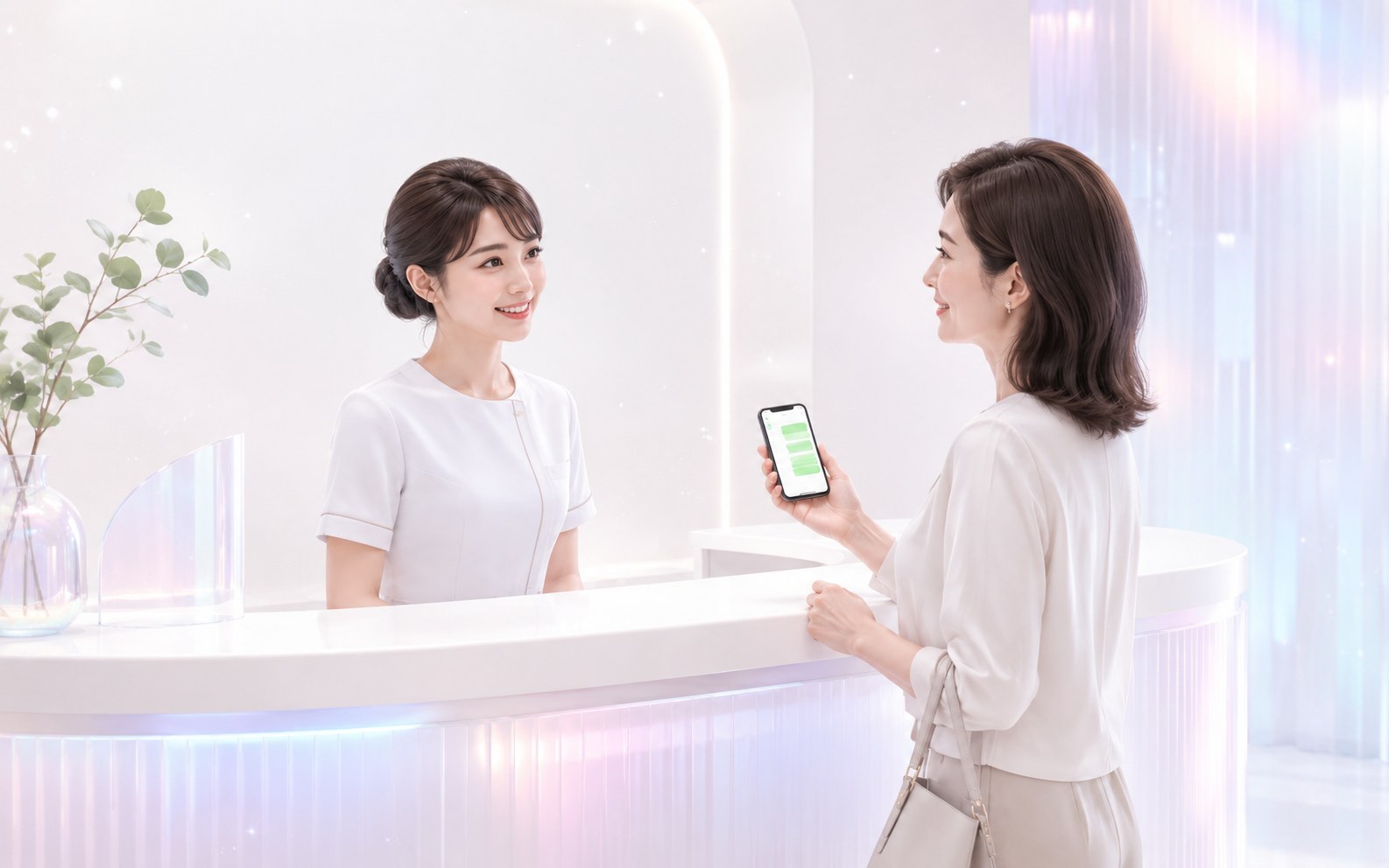 LINEをきっかけにクリニックへ来院し受付で案内される女性